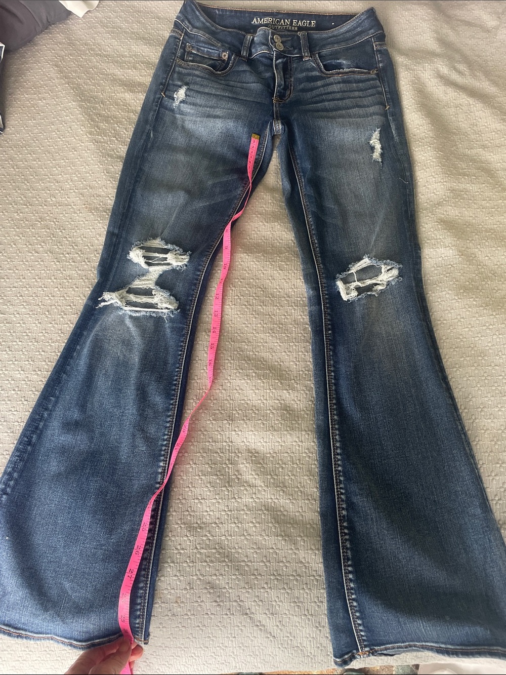 American Eagle Outfitters Distressed Blue Flare Jeans (low to medium rise)